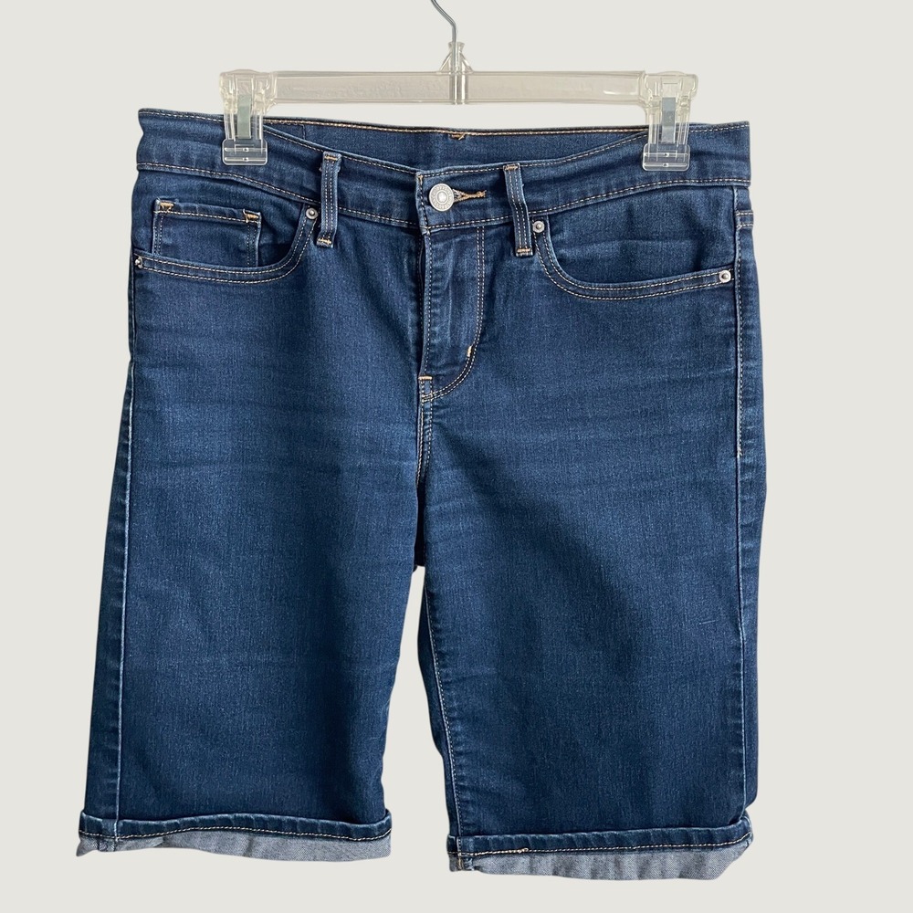 Levis Womens Bermuda Denim Shorts Dark Wash Cuffed Mid Rise Size 28 Blue‎ Jeans